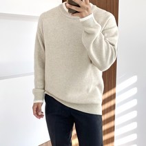 간빠레 두툼한 캐시미어 배색 라운드 오버핏 남자 니트