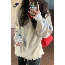 니트 톱 디자인감각 홀치기염색 스웨터 여성 겨울 가을 와이드 루즈핏 풀오버 후드 키치한 스위트 계열 코트 2676001580