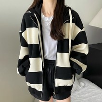 넷투넷코리아 여성 후드집업 심플 루즈핏 스트라이프 긴팔 아우터