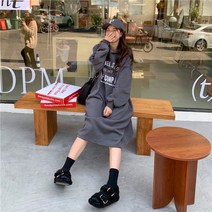 데이홀릭 여성용 가을 겨울 빅사이즈 오버핏 기모 따듯한 후드 긴팔 레터링 롱 빅사이즈 원피스