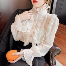 tagi 여성 레이스 긴팔 셔츠 루즈핏 프릴 러플 블라우스 여름 상의