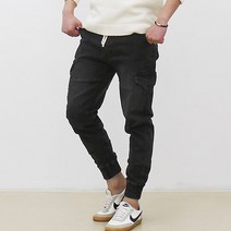 핏콕 남성용 워싱 데님 빅사이즈 포켓 밴딩 조거 카고 청바지