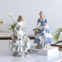 꼬품 파스텔 캉캉 스커트 여인 야드로 도자기 인형 장식 피겨린 오브제 장식품 2종, 블루