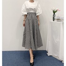 [에이스토리] 봄 가을 체크 밴딩 플레어 롱 스커트 후레아 롱치마