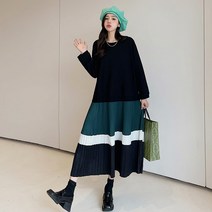 [SEONGJIN]봄/여름 배색 빅사이즈(L~3XL) 쉬폰배색 긴팔 롱 원피스