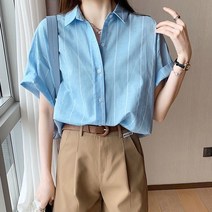 SJW 여성 반팔 셔츠 카라 세로 스트라이프 오버핏 남방 상의 캐주얼 빅사이즈 봄 여름