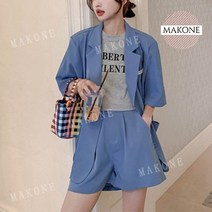 Makone 상표등록 여름신상 여성용 루즈 오버핏 반팔정자자켓 허리밴딩 정장세트