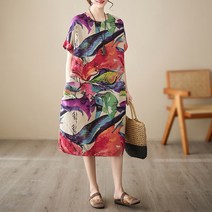 풍기인견 50대 엄마옷 중년 원피스 빅사이즈 린넨 나염 프린팅 롱 박시핏 할머니