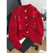 꽃자수니트 가디건 스웨터 봄 라운드 넥 빈티지 탑 핑크 코트