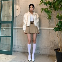 미우 벨트 플리츠 A라인 하이틴 면 스판 레트로 주름 미니스커트