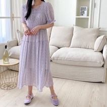 여자 사랑스러운 잔꽃 패턴 스모크 쉬폰 반팔 롱원피스