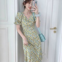 PigPug 22 플라워 원피스 여성복 작은 키 치마 여름옷 상큼 달콤한 거품 소매 V넥 중장