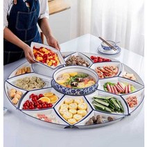 월남쌈 나눔 접시 도자기사각접시 멜라민그릇 고기 손님상 중식당멜라민그릇, C 로터스 80cm 블루화이트8 SET