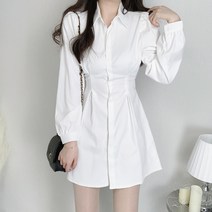 카라 히든 버튼 플레어 A라인 뒷밴딩 핀턱 셔츠 원피스