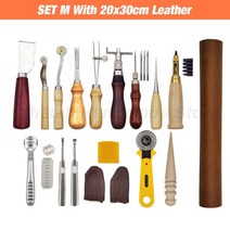 전문 손 바느질 가죽 공예 도구 키트 안장 그루버 스티칭 펀치 조각 작업 세트 DIY 액세서리용, SET M With Leather