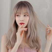 롱 웨이브 인모 통 여자 염색 항암 환자 가발 앞머리 애쉬그레이, A. 애쉬핑크그레이