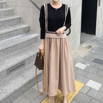 [여리제이] 블랑 배색 니트 플레어 롱 원피스 임산부 임부복 오피스 하객룩 빅사이즈