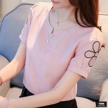 가바바 여성 블라우스 플라워 자수 반팔 린넨 블라우스 G49198