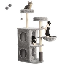FourFurPets 실내 고양이를 위한 캣트리 133.6cm(53인치) 캣타워 고양이 콘도 횃대 2개 동굴 부드러운 바구니 사이잘 스크래칭 계단 장난감 라이트 그레이, 33.7”L x 29.3”W x 61.4”H, Light Gray