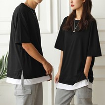 턴키 빅사이즈(90-140까지) 남여공용 이중 레이어드 트임 오버핏 반팔 롱 티셔츠