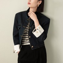 레트로 차이나카라 진청 데님자켓 청자켓 숏 크롭 오피스룩 고급스런 나들이