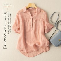 린온트리 여성 린넨 여름 반팔 마 셔링 퍼프 루즈핏 오픈 카라 남방 셔츠 블라우스