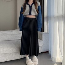 주름 치마 캐주얼 단색 높은 허리 롱 스커트 루즈핏 중반