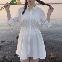 로즈드림 화이트 루즈핏 허리 스트링 셔츠 원피스 D573760020467