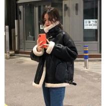 여성 울 코트 겨울 오토바이 크롭 벨벳 리얼양털자켓