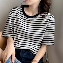 여름 스트라이프 단가라 줄무늬 패턴 라운드넥 반팔 티셔츠