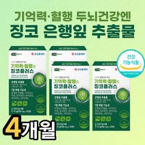 식약청 인정 은행잎 추출물 고함량 징코 혈액 순환 혈행 기억력 개선 브레인 두뇌 영양제 손가락 손끝 발가락 팔다리 저림 에좋은 부모님 노인 시니어 수험생 집중력 혈관, 4개월분(120캡슐)