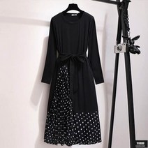 가바바 여성 빅사이즈 원피스 허리 리본포인트와 도트스커트 롱원피스 6XL 까지 G62483