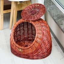 라탄 숨숨집 강아지 침대 하우스 애완견 캣 동물 집 고양이 반려 둥지 등나무, L-대형, 브라운