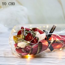 부케돔 YO 장미 미니 꽃다발 유리 커버 LED 스트링 라이트 드라이 로즈 플라워 웨딩 룸 장식 발렌타인데이 크리스마스 건전지, 2.red