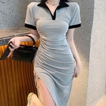 쉬폰원피스 여성원피스 플리츠바지 봄 여름 가을 여성 옆셔링 카라 반팔 데일리 (올핀)_1972EA