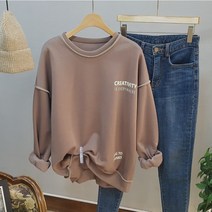 상상그이상 여성용 루즈핏 오버로크 스티치 영문 레터링 데일리 기모 맨투맨 티셔츠