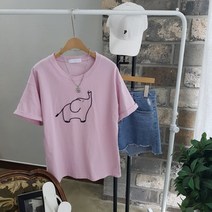 상상그이상 여성용 국내제작 코끼리 반팔티 탄탄한 워싱 면소재 자수 프린팅 데일리 루즈핏 반팔 티셔츠