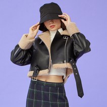 [벨트탈부착][39차 재입고] WOMEN 크롭 오버핏 무스탕 플리스 자켓 Black_Beige [라이더 ver.]