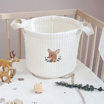 쿵스쿵스 중형 원형 누빔바구니 100수 패브릭바구니 자수 바스켓 기저귀보관함, [중형] 아이보리