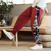 남자개량한복 생활한복 선비한복 여름 린넨 패션 프린트 바지 아시아 의상 캐주얼 롱 팬츠