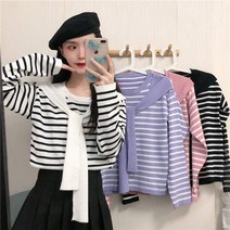 스트라이프 페이크 투피스 패치 니트 여 초가을 숄 긴팔 티셔츠 디자인 감각 소중 루즈핏 레깅스 탑