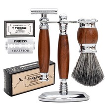 FREED 남성용 럭셔리 면도 세트 합금 손잡이가 달린 더블 엣지 안전 면도기 120개 일본 6cr13 스테인리스 스틸 스탠드 브러시 크리스마스 선물 대만산 USA 미국, Nut Brown