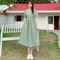 세련된 하객룩 A라인 체크 랩 원피스 그린 레드 블랙