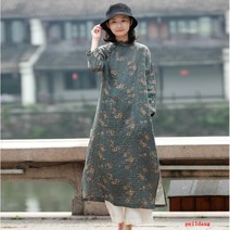 겨울 칼라 중국 빈티지 인쇄 슬링 플랩 버클 cheongsam 드레스 슬리밍과 천천히 파란색으로 변신
