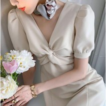 Momolatti 여름 슬림해 보임 반팔원피스 퍼프소매 원피스 브이넥 롱 원피스