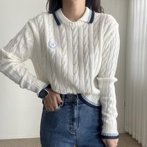에이치스 클래식 월계 자수 배색카라 꽈배기 피케니트