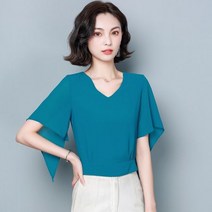 코발트 블루 셔츠 파란색 블라우스 남방 난방 세련된 v 넥 솔리드 컬러 루즈한 배트윙 슬리브 쉬폰 의류 2023 봄 신제품 캐주얼 풀오버