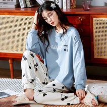 100%순면파자마 여 봄가을 전면긴팔바지 학생ins기숙사 이지웨어 세트