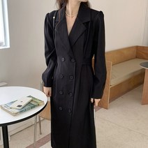 더블 버튼 롱 원피스 카라 퍼프 여성 긴팔 정장 하객룩 원피스62905