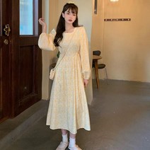 코스토프 드로우 플라워 잔꽃 시폰 링클 은은 꽃 원피스